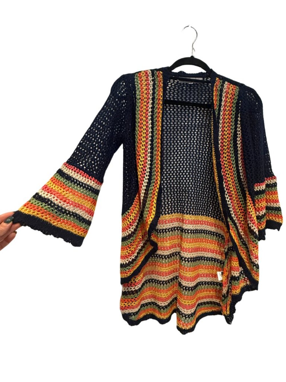 Navy Crochet Open Front Cardigan Multicolour Stripe Bell Sleeve Size S NWT